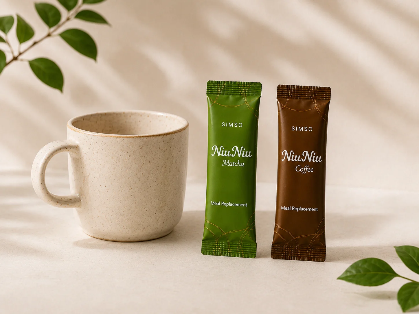SIMSO NiuNiu Matcha and Coffee beside a cup