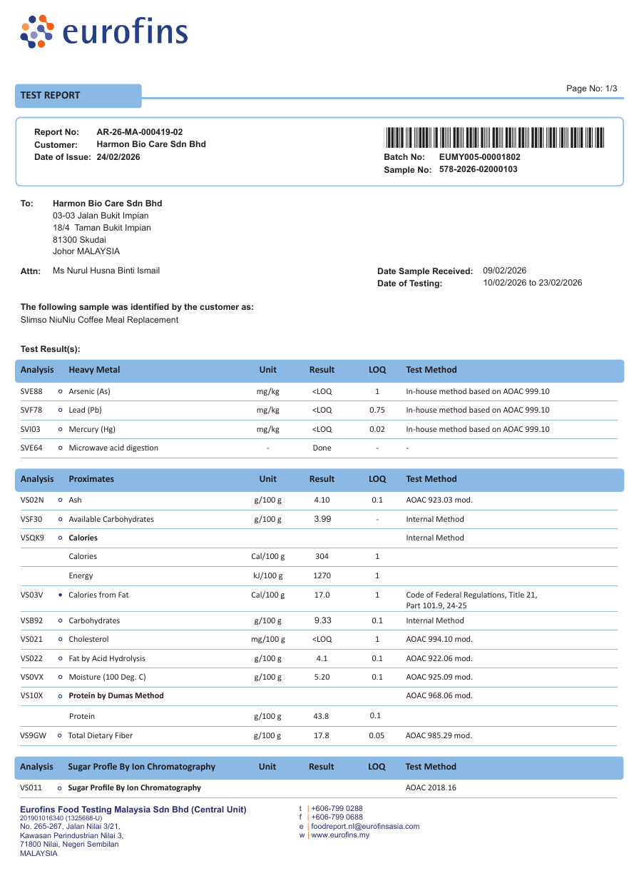 Eurofins NiuNiu Coffee Meal Replacement document preview