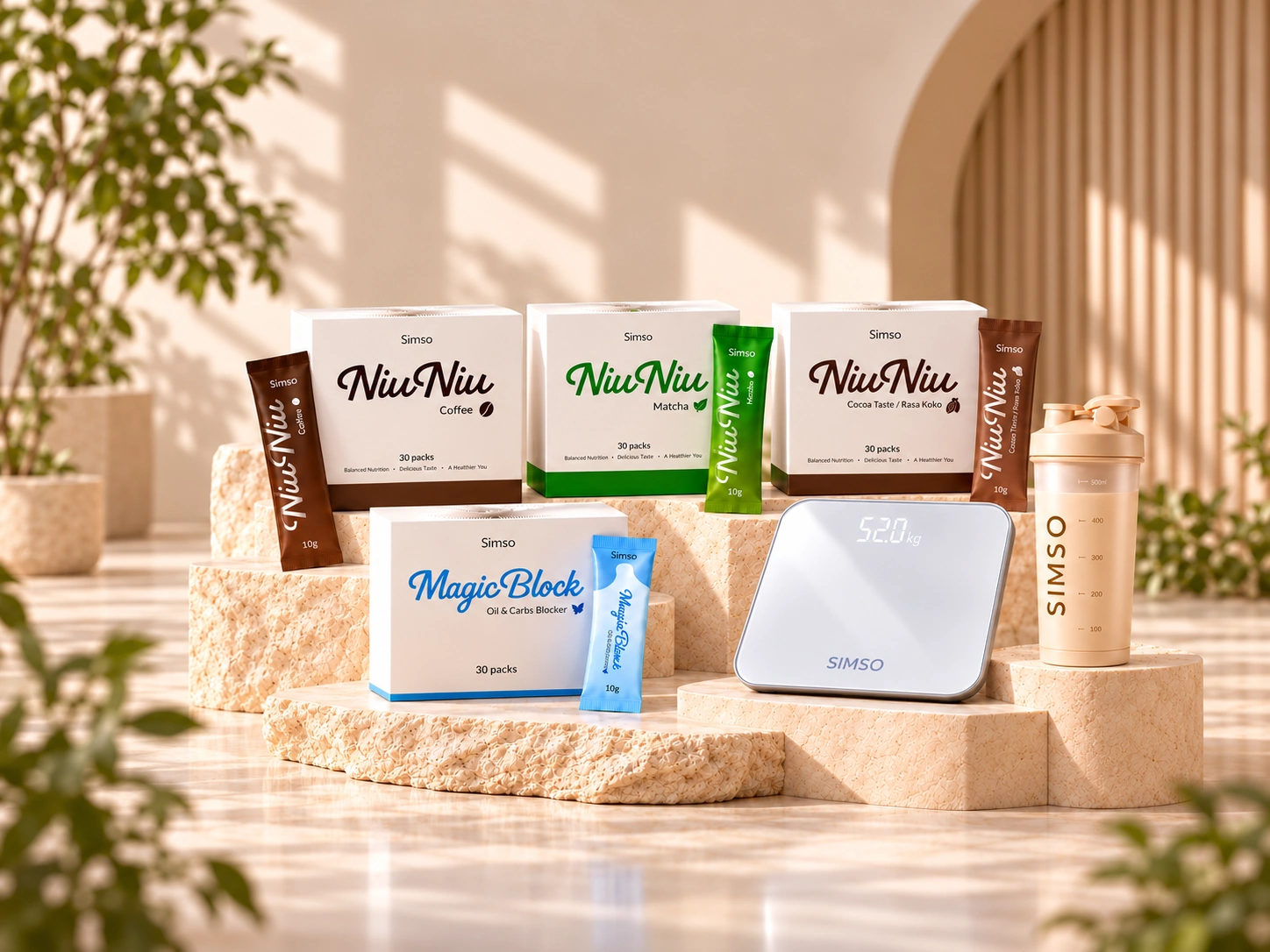 SIMSO NiuNiu Coffee, Matcha, Chocolate and Magic Block with scale and shaker